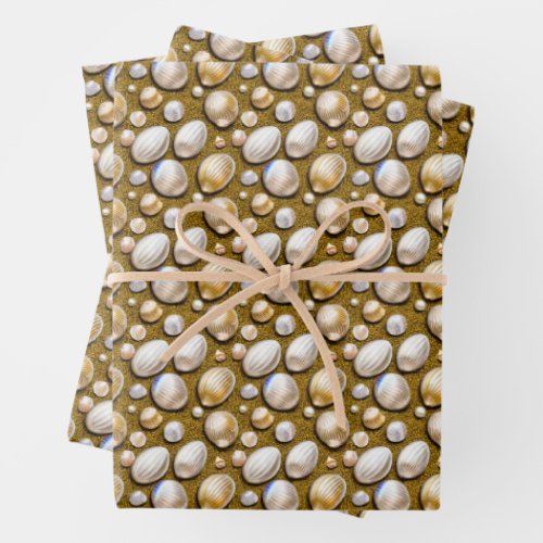 Silver gold seashells sandy beach iridescent shiny wrapping paper sheets