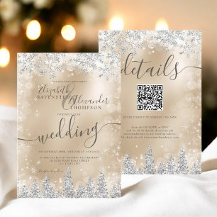 Silver gold snow pine Christmas winter wedding qr Invitation
