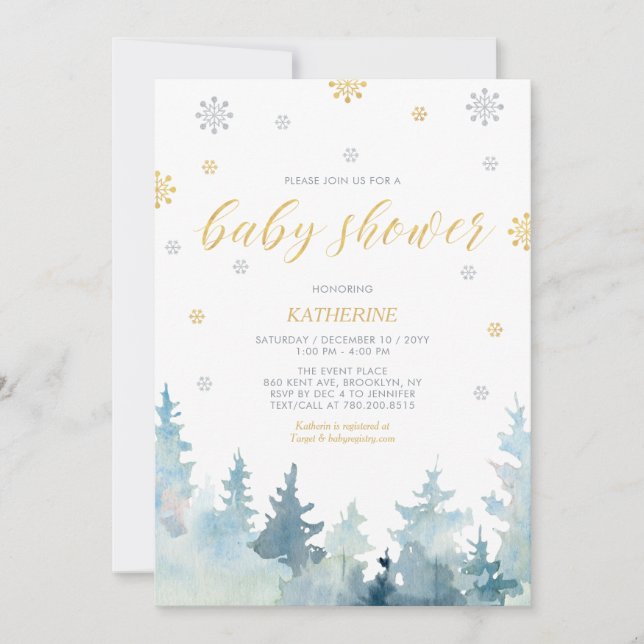 Silver & Gold, Snowflake Winter Forest Baby Shower Invitation (Front)