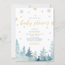Silver & Gold, Snowflake Winter Forest Baby Shower Invitation