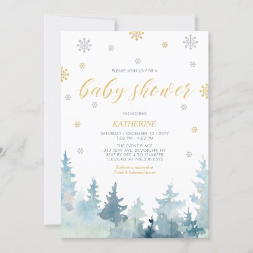 Silver  Gold Snowflake Winter Forest Baby Shower Invitation