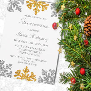 Silver Gold Snowflake Winter Quinceanera Invitation
