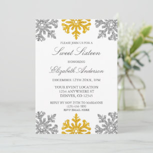 Silver Gold Snowflake Winter Sweet 16 Invitation