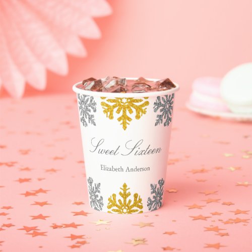 Silver Gold Snowflake Winter Sweet 16 Paper Cups