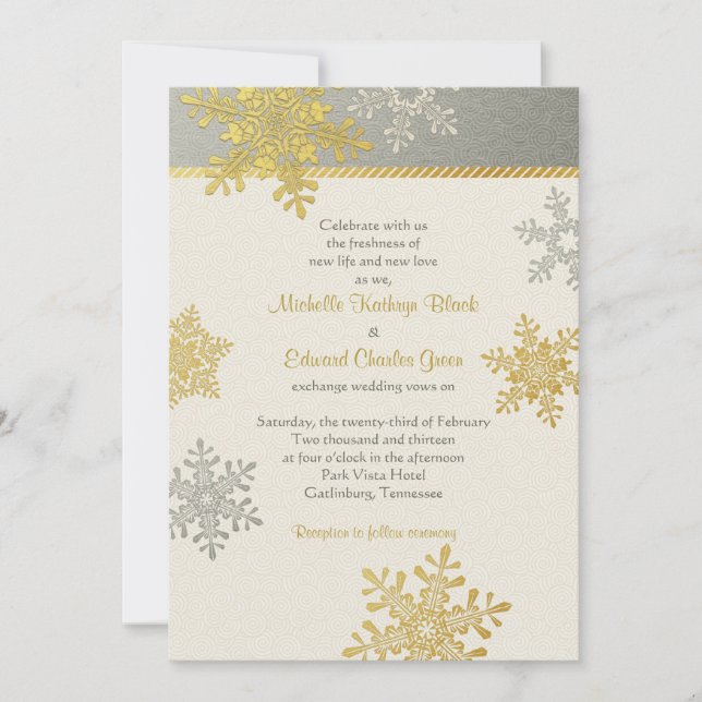 Silver Gold Snowflake Winter Wedding Invitation (Front)