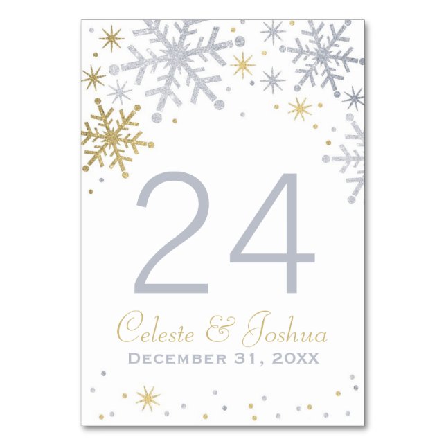 Silver Gold Snowflake Winter Wedding Monogram Table Number (Front)