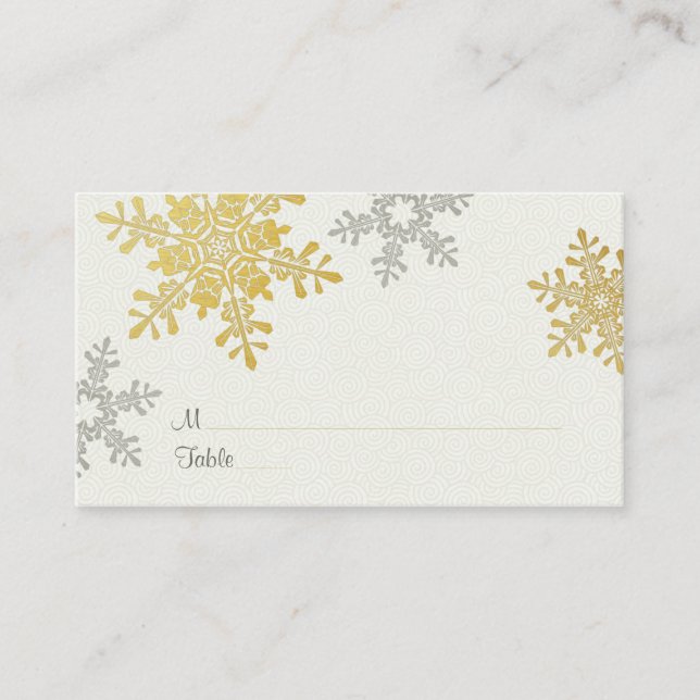 Silver Gold Snowflake Winter Wedding Place Cards (Front)