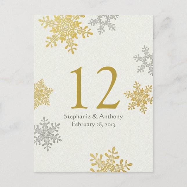 Silver Gold Snowflake Winter Wedding Table Card (Front)