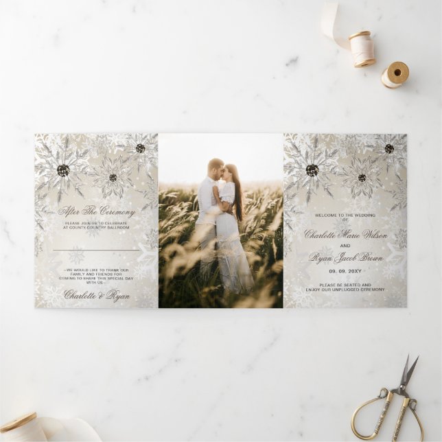 Silver Gold Snowflake Winter Wedding  Tri-Fold Program (Outside)