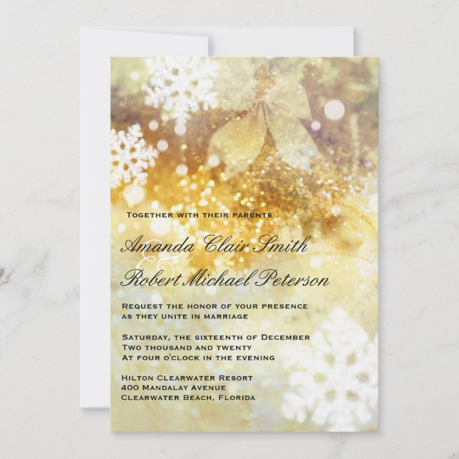 Silver Gold Snowflakes Christmas Wedding Invite (Front)
