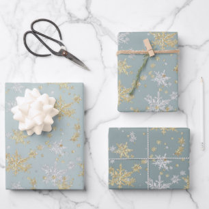 Silver & Gold Snowflakes Tones Of Slate Green Wrapping Paper Sheets