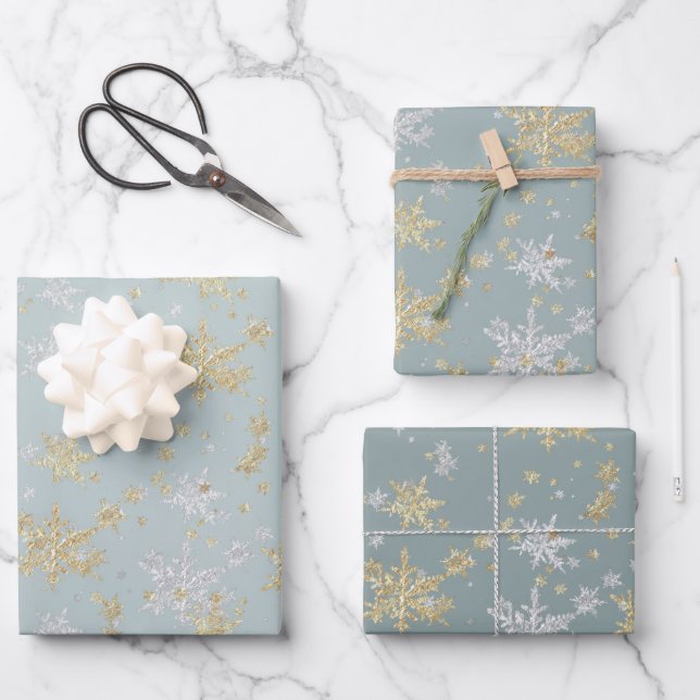 Silver & Gold Snowflakes Tones Of Slate Green Wrapping Paper Sheets (Front)