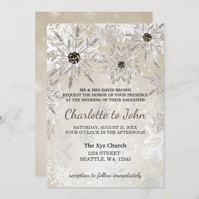 silver gold snowflakes winter wedding invitation (Front/Back)