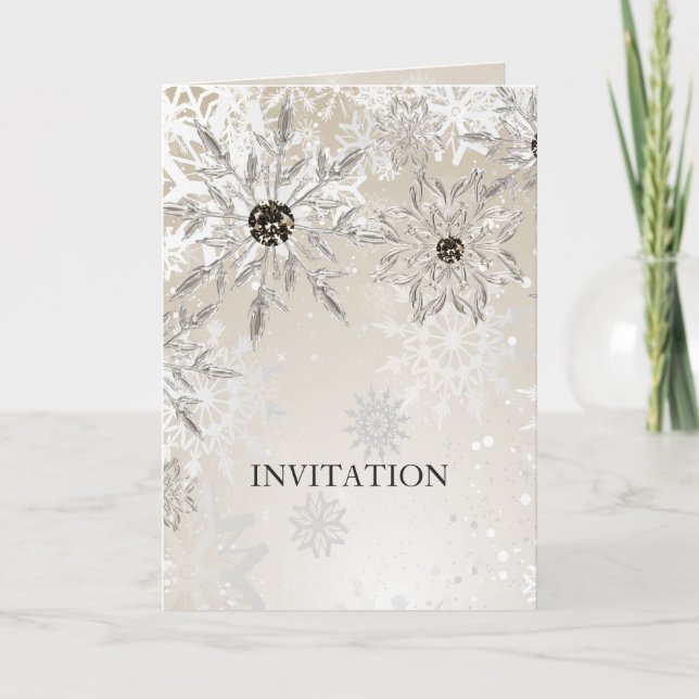 silver gold snowflakes winter wedding invitation (Front)