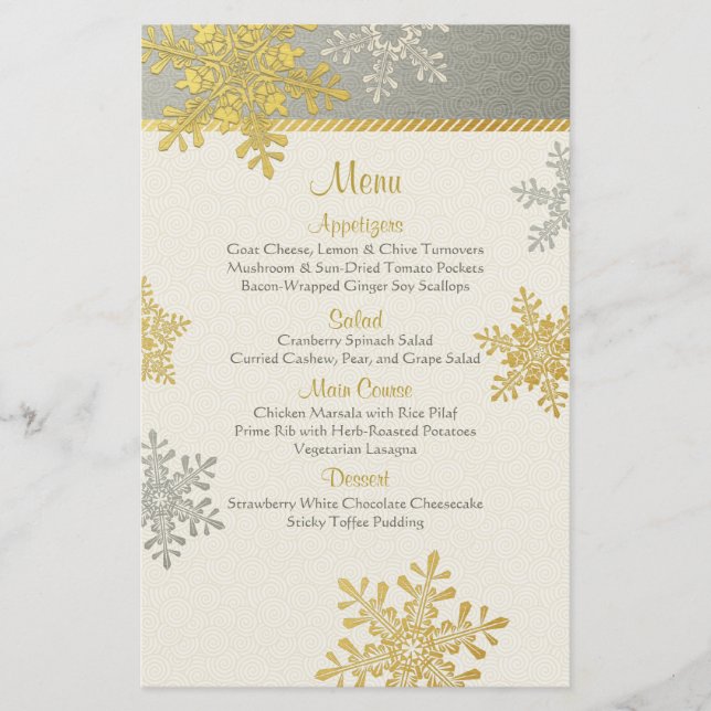 Silver Gold Snowflakes Winter Wedding Menu Card (Front)