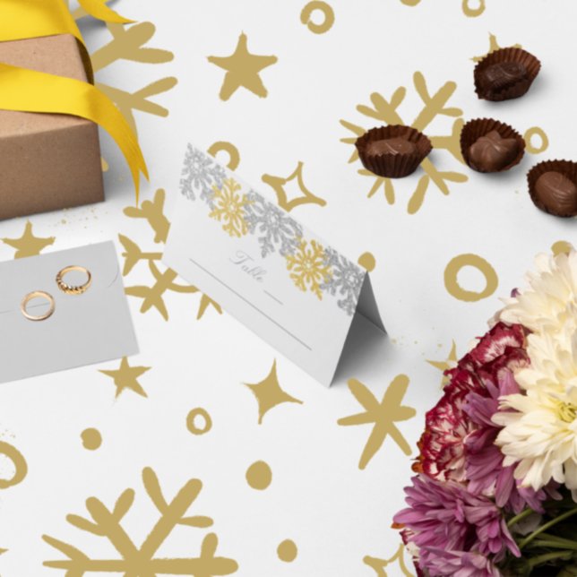 Silver Gold Snowflakes Winter Wedding Place Card (Creator Uploaded)