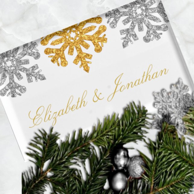 Silver Gold Snowflakes Winter Wedding Place Card Holder (Creator Uploaded)