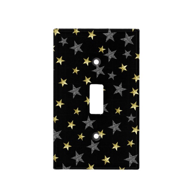 Silver & Gold Stars Black Hollywood Star Glam Light Switch Cover (Front)