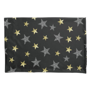 Silver & Gold Stars Black Hollywood Star Glam Pillow Case