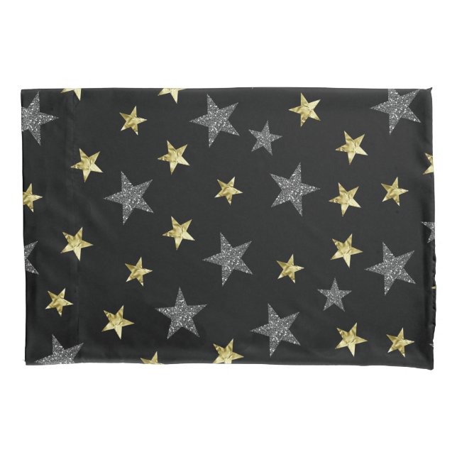 Silver & Gold Stars Black Hollywood Star Glam Pillow Case (Front)