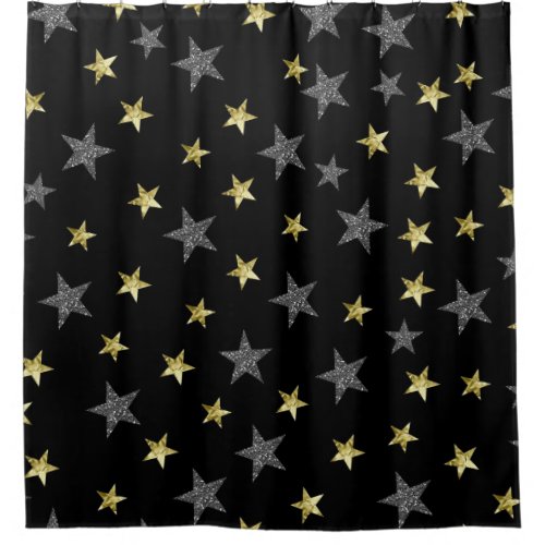 Silver  Gold Stars Black Hollywood Star Glam Shower Curtain