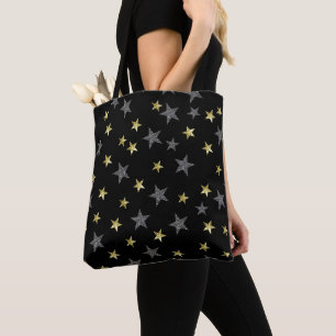 Silver & Gold Stars Black Hollywood Star Glam Tote Bag