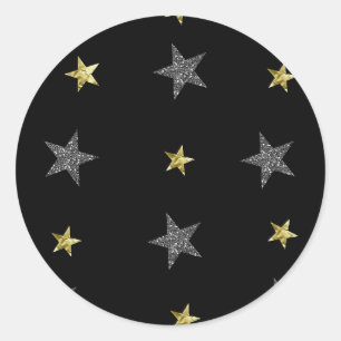 Silver & Gold Stars Black Hollywood Star Party Classic Round Sticker