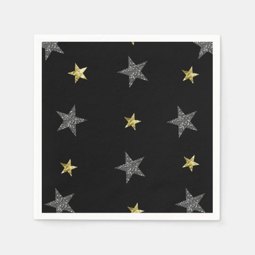 Silver  Gold Stars Black Hollywood Star Party Paper Napkins