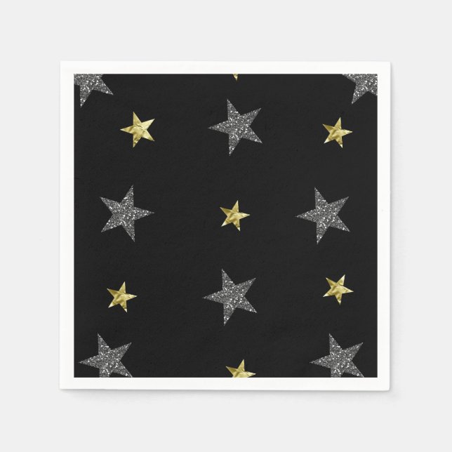 Silver & Gold Stars Black Hollywood Star Party Paper Napkins (Front)