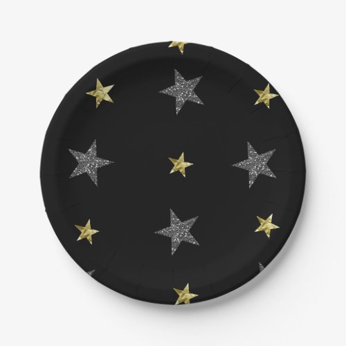 Silver  Gold Stars Black Hollywood Star Party Paper Plates