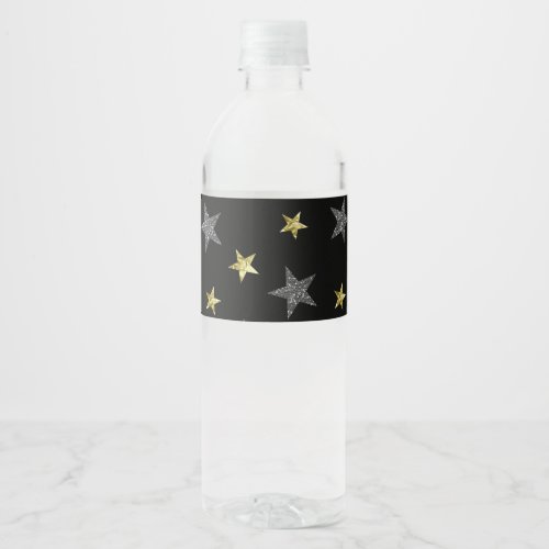 Silver  Gold Stars Black Hollywood Star Party Water Bottle Label
