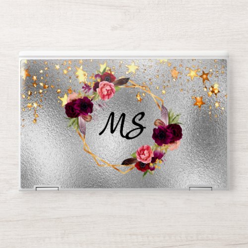 Silver gold stars floral burgundy monogram HP laptop skin