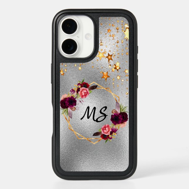 Silver gold stars flowers burgundy monogram otterbox iPhone case (Back)