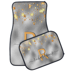 Silver gold stars name monogram car floor mat