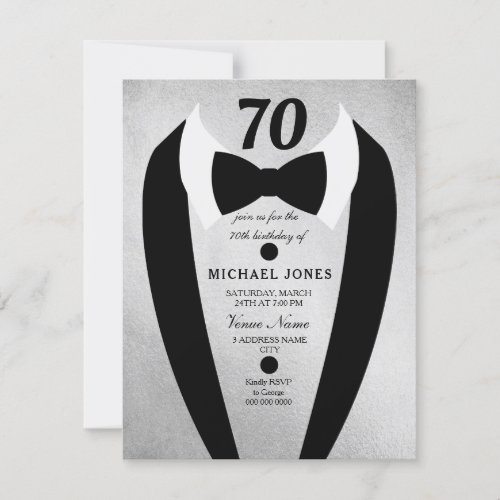 Silver Gold Tuxedo Mens 70th Birthday Party Invite