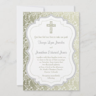 Silver Gold Vintage Damask Cross Christian Wedding Invitation