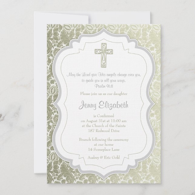 Silver Gold Vintage Damask Cross Confirmation Invitation (Front)