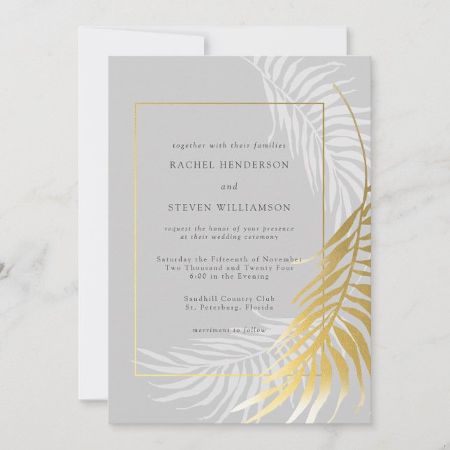 Silver Gold Wedding Tropical Greenery Invitation (Front)