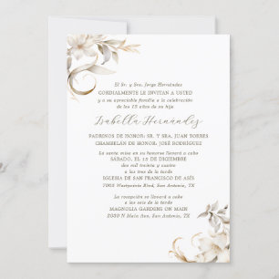 Silver, Gold & White Floral Spanish Quinceañera Invitation