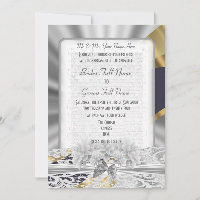 Silver gold white lace formal wedding invitation (Front)