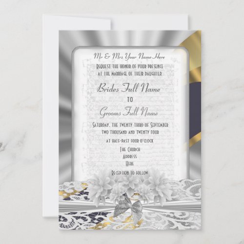 Silver gold white lace formal wedding invitation