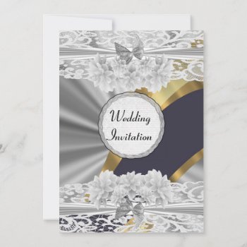 Silver Gold White Vintage Lace  Wedding Invitation by personalized_wedding at Zazzle