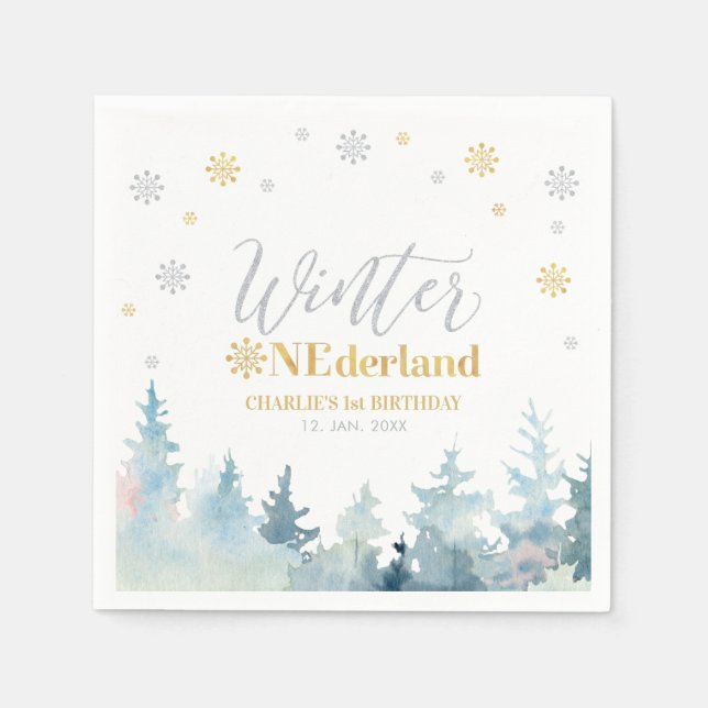 Silver & Gold Winter Onederland 1st Birthday Party Napkins (Front)