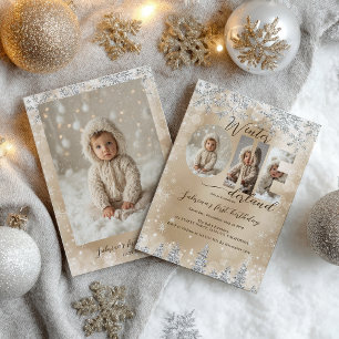 Silver Gold Winter ONEderland Photo First Birthday Invitation