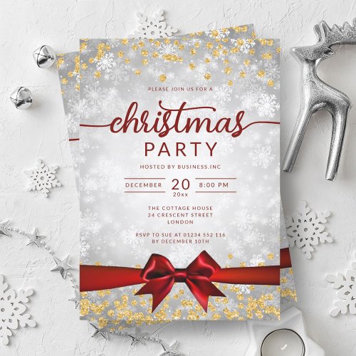 Silver Gold Winter Snowflakes Company Red Ribbon Invitation