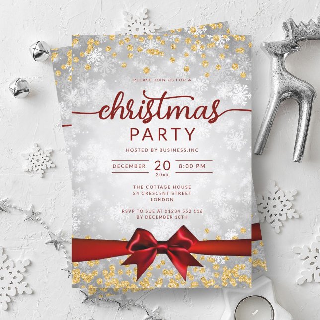 Silver Gold Winter Snowflakes Company Red Ribbon Invitation (Silver Gold Winter Snowflakes Company Red Ribbon Invitation)