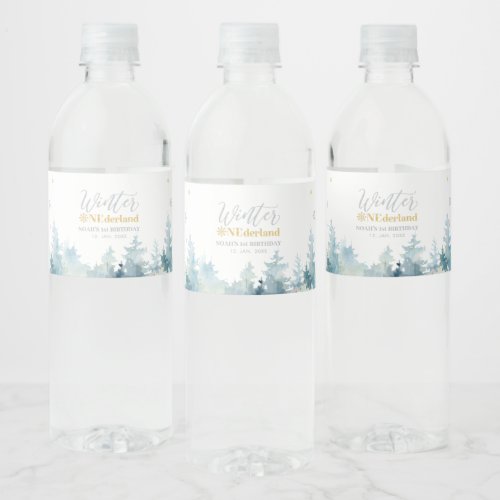 Silver  Gold Winter Wonderland 1st Birthday Party Water Bottle Label