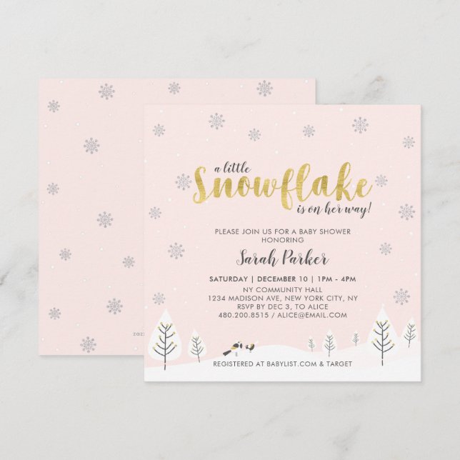 Silver & Gold Winter Wonderland Girl Baby Shower Invitation (Front/Back)
