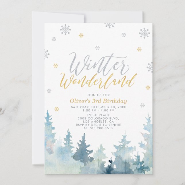 Silver & Gold Winter Wonderland Kids Birthday Invitation (Front)
