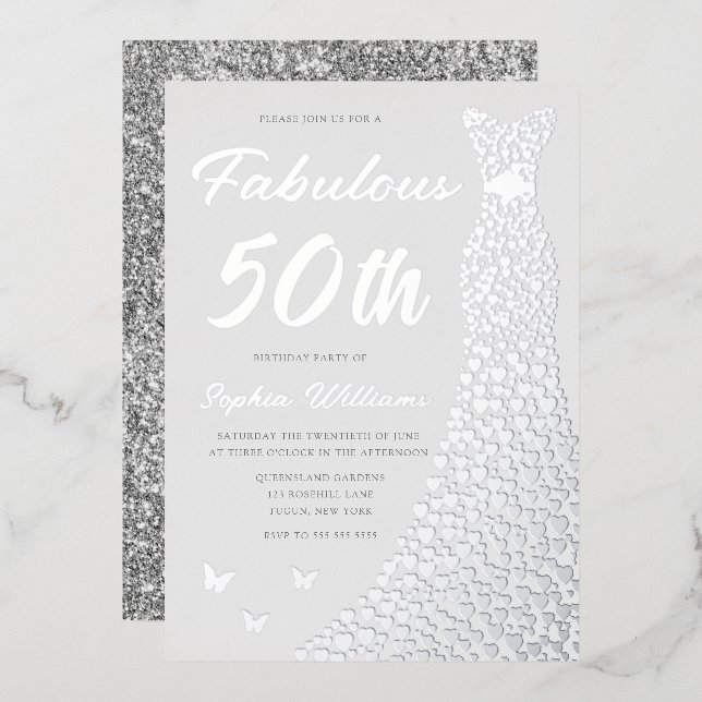 Silver Gown, Fabulous 50th Birthday Party Foil Invitation (Front/Back)